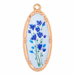 Acero Dije Esmalte Oval Flores Azul 30mm Dorado (1 pza)